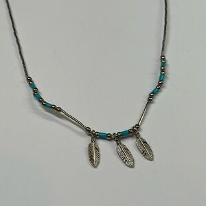 Turquoise bead and feather dangle pendant tube bead barrel clasp necklace